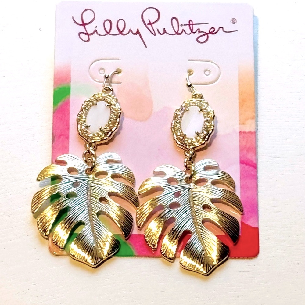 NEW- Lilly Pulitzer Mother of Pearl Monstera Leaf Earrings